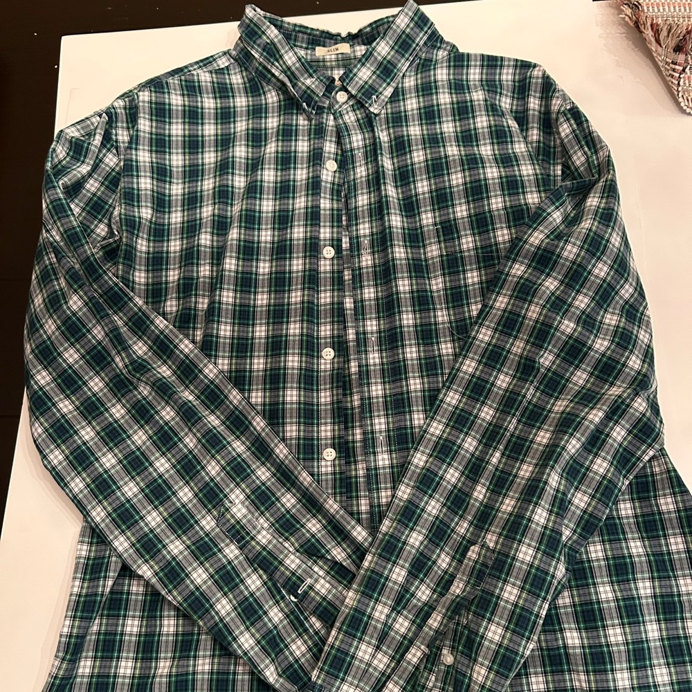 J. Crew Men's Green and White Plaid Shirt
